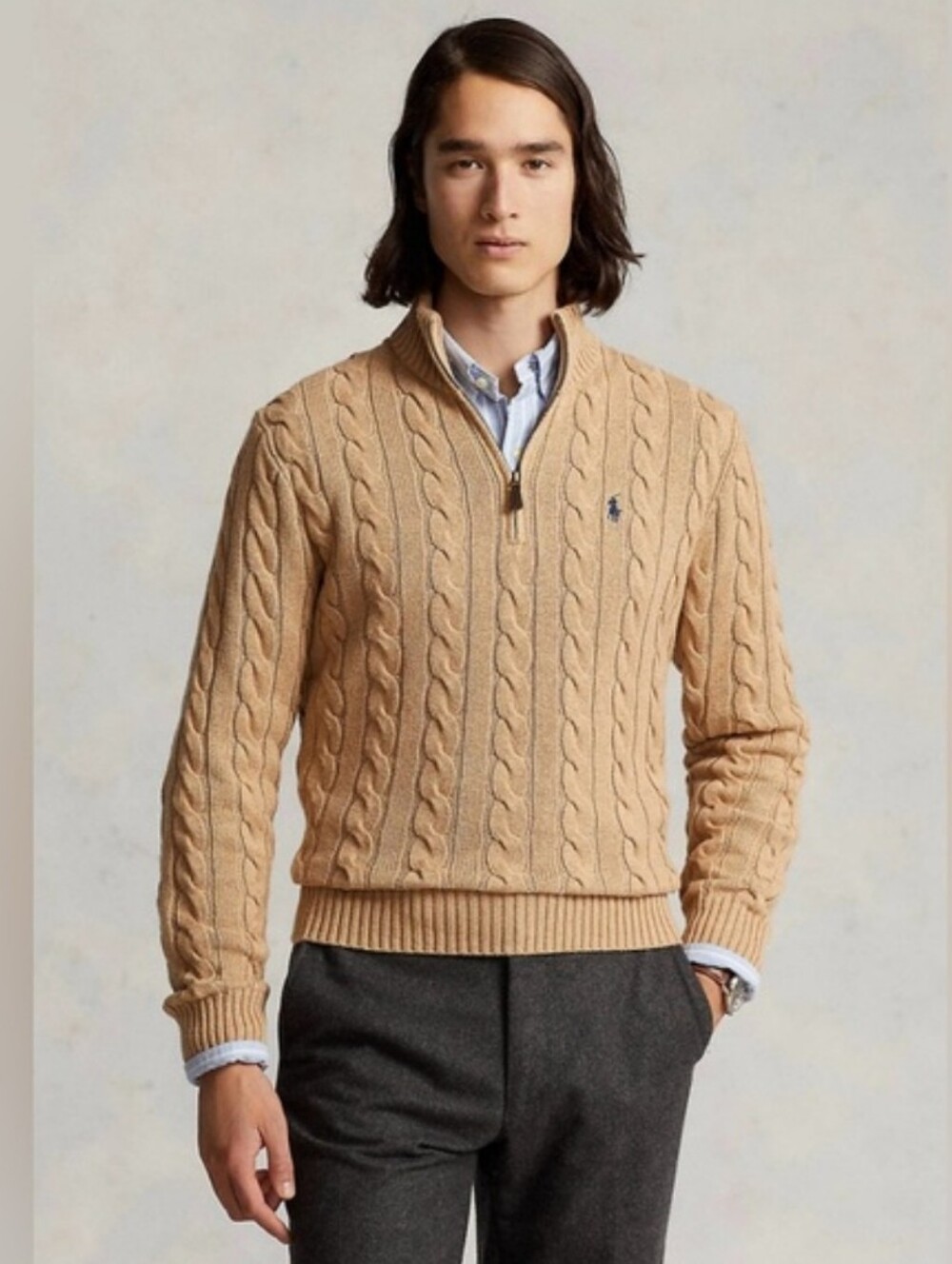 Polo by Ralph Lauren Men’s Cable-Knit Quarter-Zip Sweater in Tan Soze 3XB